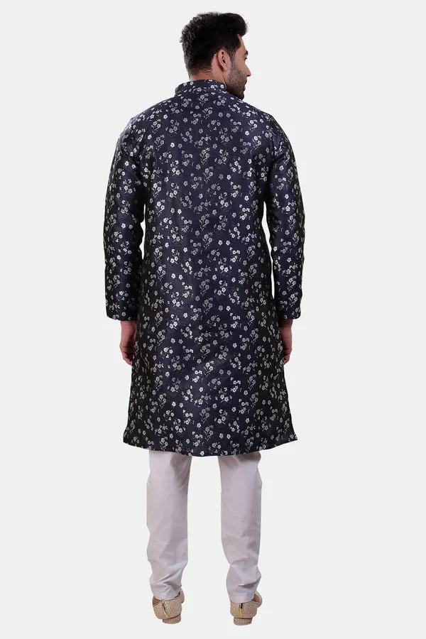 Floral_Print_Navy_Blue_Jacquard_Kurta_With_Paijama