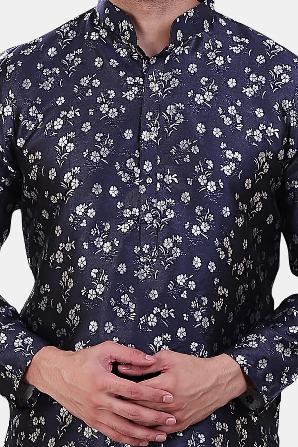 Floral_Print_Navy_Blue_Jacquard_Kurta_With_Paijama