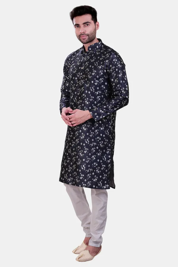 Floral_Print_Navy_Blue_Jacquard_Kurta_With_Paijama