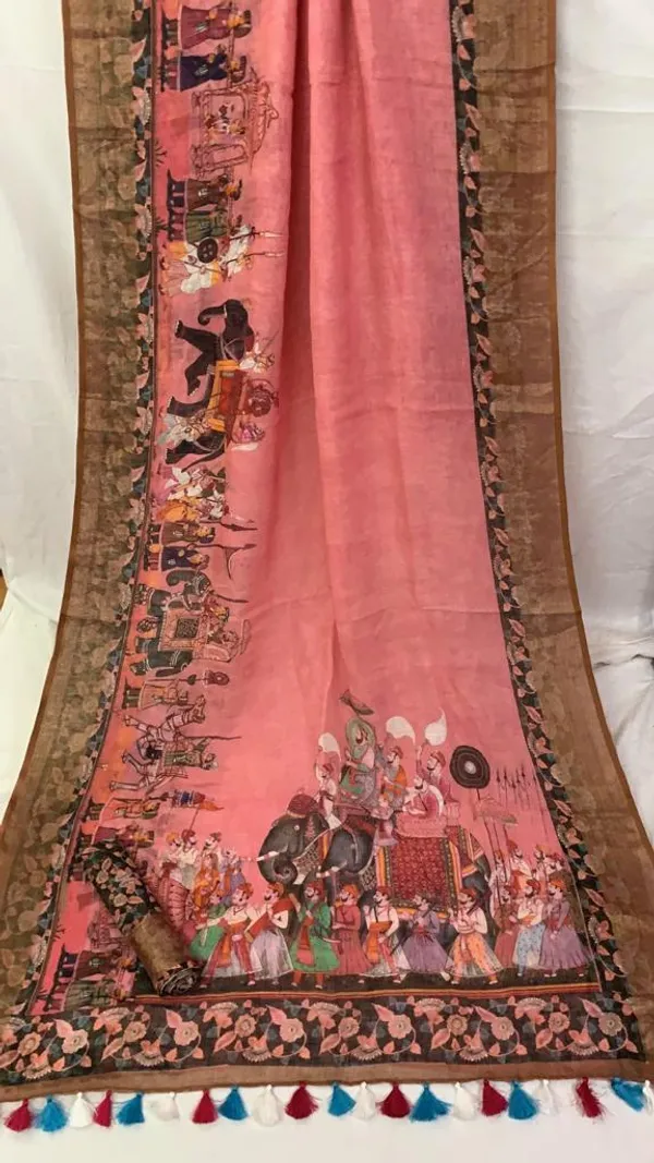 Pink_Linen_Saree_with_Kalamkari_Print_and_Unstitched_Blouse_Piece