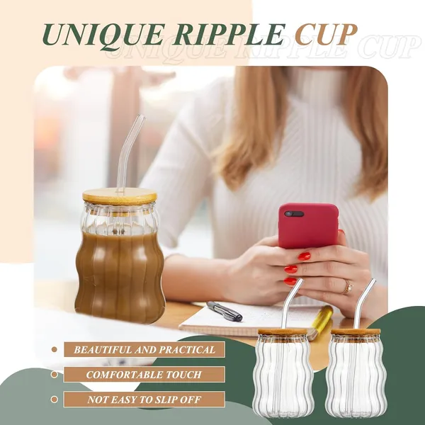 KELVEE_Curve_Glass_Coffee_Tumbler_with_Bamboo_Lid_and_Straw_Pack_of_1,_400ml_Multipurpose_Drinking_Glasses_Travel_Sipper_for_Juice_Water_Smoothies_Cocktail_Beer_Mugs_(Curve)