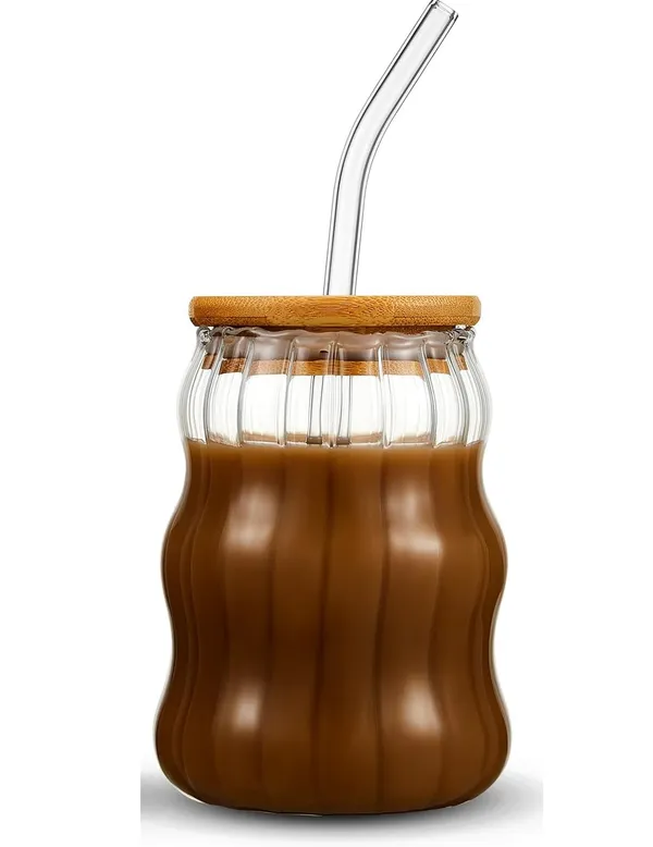 KELVEE_Curve_Glass_Coffee_Tumbler_with_Bamboo_Lid_and_Straw_Pack_of_1,_400ml_Multipurpose_Drinking_Glasses_Travel_Sipper_for_Juice_Water_Smoothies_Cocktail_Beer_Mugs_(Curve)