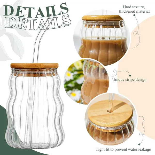 KELVEE_Curve_Glass_Coffee_Tumbler_with_Bamboo_Lid_and_Straw_Pack_of_1,_400ml_Multipurpose_Drinking_Glasses_Travel_Sipper_for_Juice_Water_Smoothies_Cocktail_Beer_Mugs_(Curve)