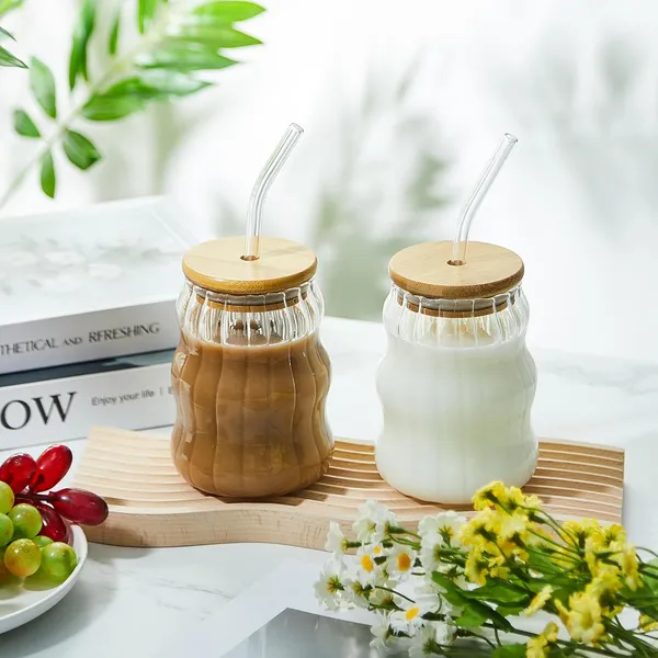 KELVEE_Curve_Glass_Coffee_Tumbler_with_Bamboo_Lid_and_Straw_Pack_of_1,_400ml_Multipurpose_Drinking_Glasses_Travel_Sipper_for_Juice_Water_Smoothies_Cocktail_Beer_Mugs_(Curve)