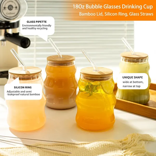 KELVEE_Curve_Glass_Coffee_Tumbler_with_Bamboo_Lid_and_Straw_Pack_of_1,_400ml_Multipurpose_Drinking_Glasses_Travel_Sipper_for_Juice_Water_Smoothies_Cocktail_Beer_Mugs_(Curve)