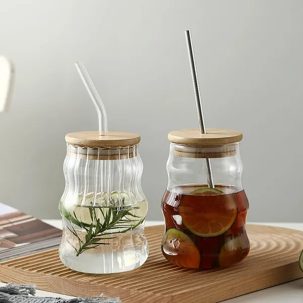 KELVEE_Curve_Glass_Coffee_Tumbler_with_Bamboo_Lid_and_Straw_Pack_of_1,_400ml_Multipurpose_Drinking_Glasses_Travel_Sipper_for_Juice_Water_Smoothies_Cocktail_Beer_Mugs_(Curve)