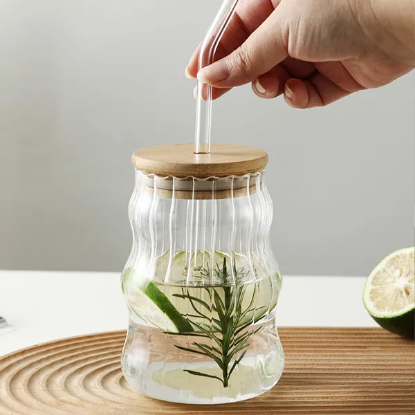 KELVEE_Curve_Glass_Coffee_Tumbler_with_Bamboo_Lid_and_Straw_Pack_of_1,_400ml_Multipurpose_Drinking_Glasses_Travel_Sipper_for_Juice_Water_Smoothies_Cocktail_Beer_Mugs_(Curve)