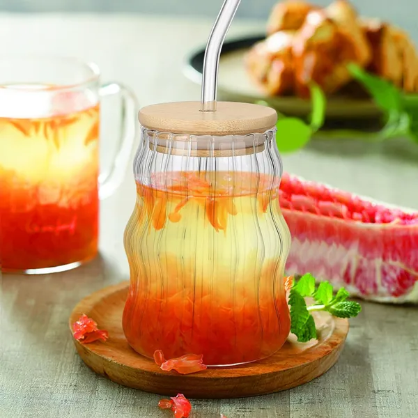 KELVEE_Curve_Glass_Coffee_Tumbler_with_Bamboo_Lid_and_Straw_Pack_of_1,_400ml_Multipurpose_Drinking_Glasses_Travel_Sipper_for_Juice_Water_Smoothies_Cocktail_Beer_Mugs_(Curve)