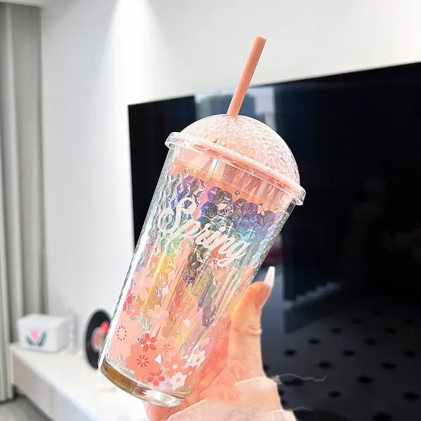 KELVEE_Reusable_Glass_Coffee_Sipper_Mugs_with_Plastic_Lid_&_Straw_Pack_of_1,_400ml_Multipurpose_Drinking_Glasses_Tumbler_for_Juice_Smoothies_Iced_Tea_Home_&_Travel_Cup_