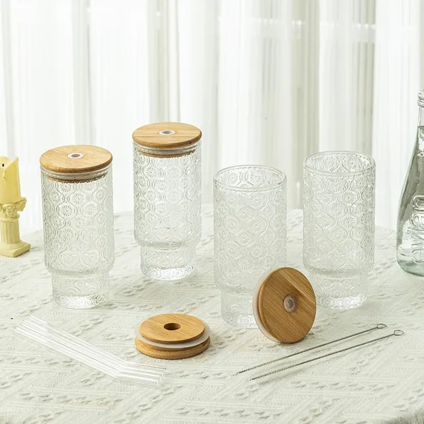 KELVEE_Reusable_Glass_Coffee_Tumbler_with_Bamboo_Lid_and_Straw_Pack_of_1,_400ml_Multipurpose_Drinking_Glasses_Travel_Sipper_for_Juice_Water_Smoothies_Cocktail_Beer_Mugs