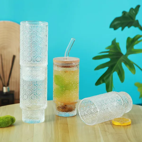 KELVEE_Reusable_Glass_Coffee_Tumbler_with_Bamboo_Lid_and_Straw_Pack_of_1,_400ml_Multipurpose_Drinking_Glasses_Travel_Sipper_for_Juice_Water_Smoothies_Cocktail_Beer_Mugs