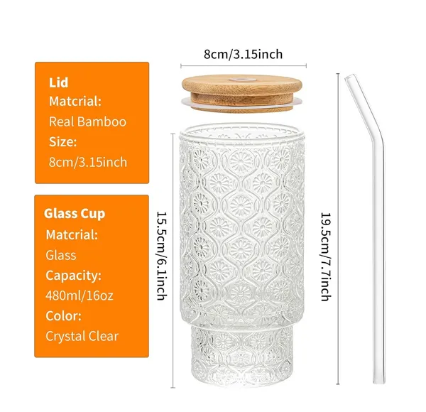 KELVEE_Reusable_Glass_Coffee_Tumbler_with_Bamboo_Lid_and_Straw_Pack_of_1,_400ml_Multipurpose_Drinking_Glasses_Travel_Sipper_for_Juice_Water_Smoothies_Cocktail_Beer_Mugs