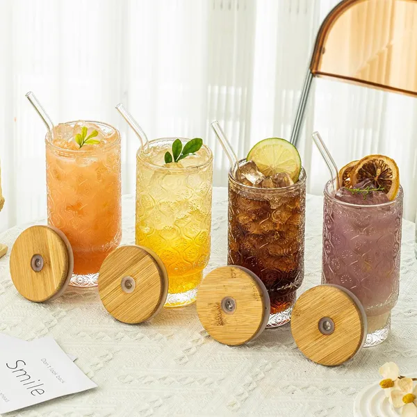 KELVEE_Reusable_Glass_Coffee_Tumbler_with_Bamboo_Lid_and_Straw_Pack_of_1,_400ml_Multipurpose_Drinking_Glasses_Travel_Sipper_for_Juice_Water_Smoothies_Cocktail_Beer_Mugs