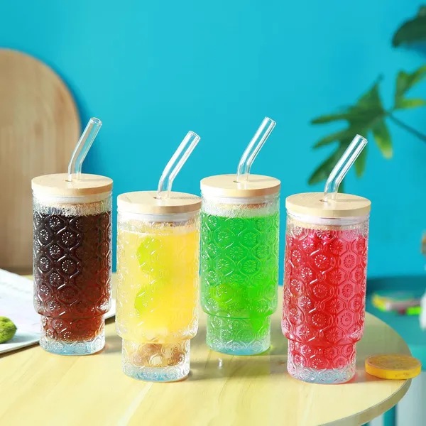 KELVEE_Reusable_Glass_Coffee_Tumbler_with_Bamboo_Lid_and_Straw_Pack_of_1,_400ml_Multipurpose_Drinking_Glasses_Travel_Sipper_for_Juice_Water_Smoothies_Cocktail_Beer_Mugs
