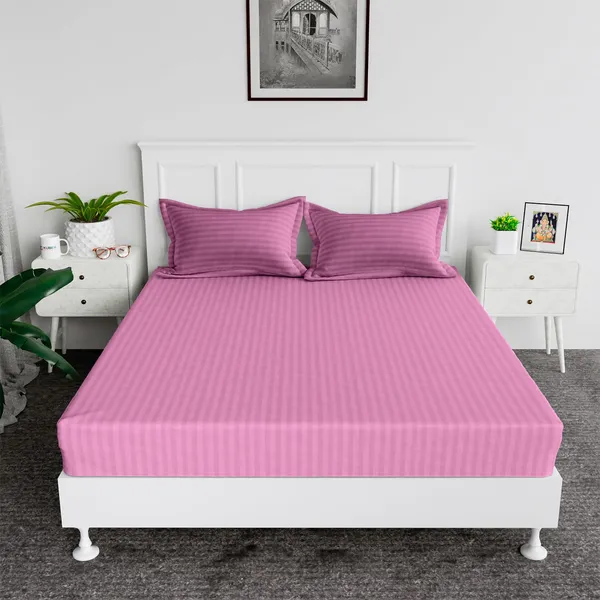 220TC_Elastic_Fitted_100%_Cotton_Feel_Stripes_Super_King_Size_Double_Bed_Bedsheet_with_2_Pillow_Cover_(78"x78"_Upto_12"_Mattress)_Pink