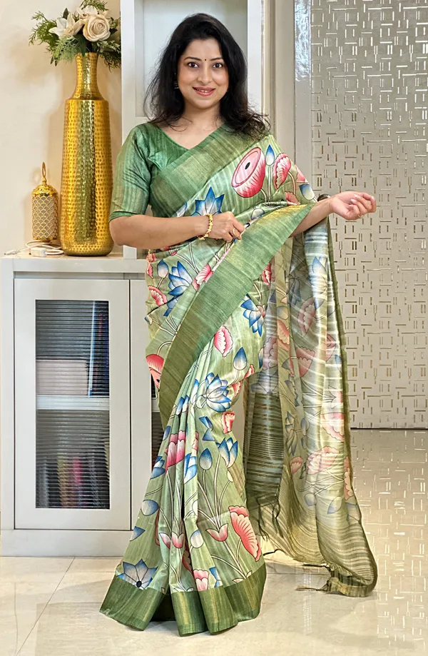 Darika_Green_–_Navratri_Special_|_Soft_Tussar_Silk_Saree_with_Print,_Pallu_&_Zari_Border_&_Contrast_Print_Blouse_with_Tassels
