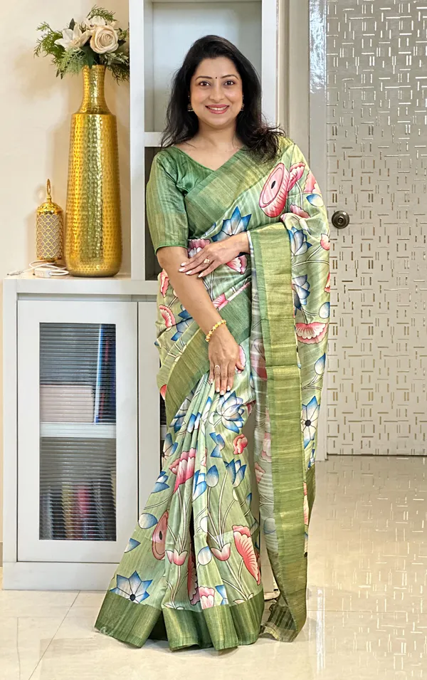 Darika_Green_–_Navratri_Special_|_Soft_Tussar_Silk_Saree_with_Print,_Pallu_&_Zari_Border_&_Contrast_Print_Blouse_with_Tassels