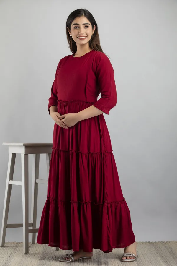 Maternity_Solid_Flared_Maroon_Flared_Kurta