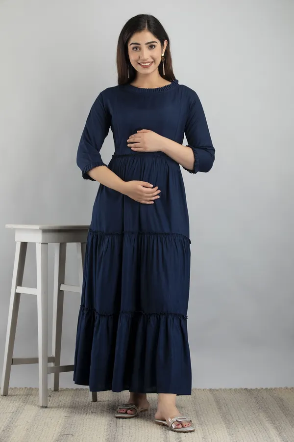 Maternity_Solid_Dark_Blue_Flared_Kurta
