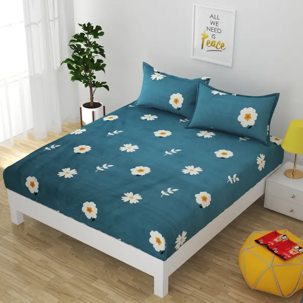 BLUE_Pure_Cotton_Bedsheet_Two_Pillow_Covers_Included_90X100_inches