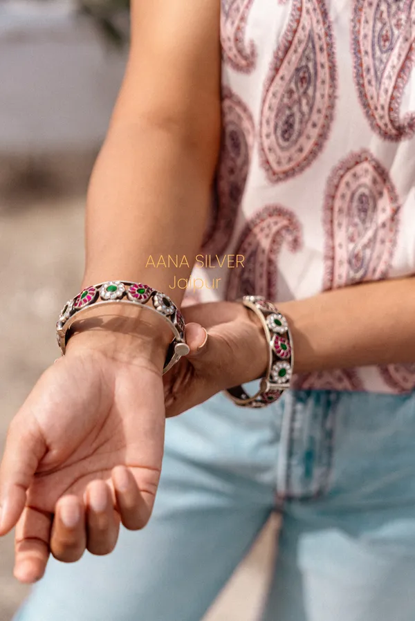 925_Pure_Sterling_Silver_|_Flower_Kundan_Bangles_|_Well_Stamped_&_Hallmarked