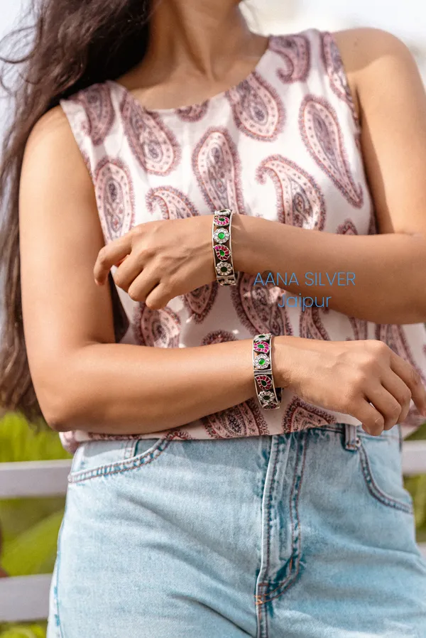 925_Pure_Sterling_Silver_|_Flower_Kundan_Bangles_|_Well_Stamped_&_Hallmarked