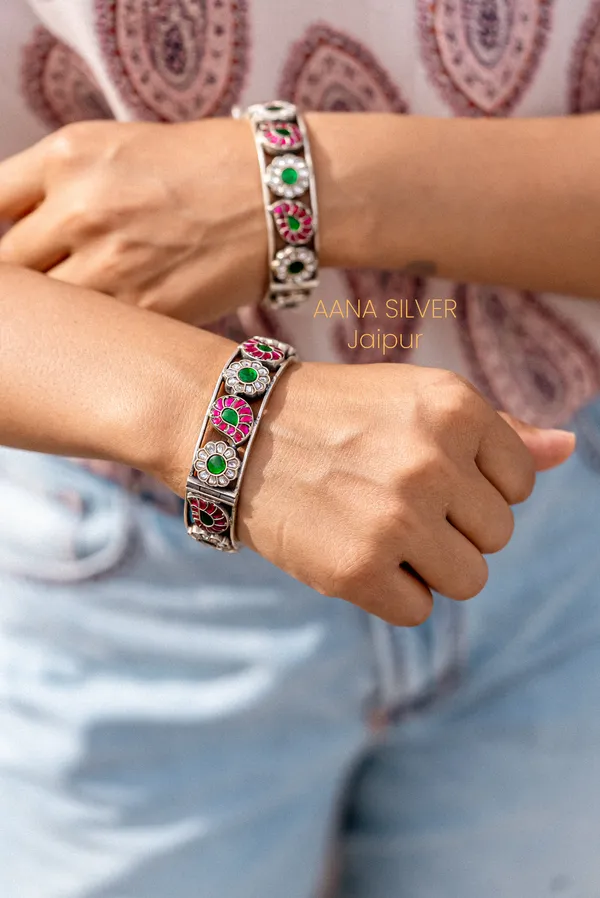 925_Pure_Sterling_Silver_|_Flower_Kundan_Bangles_|_Well_Stamped_&_Hallmarked