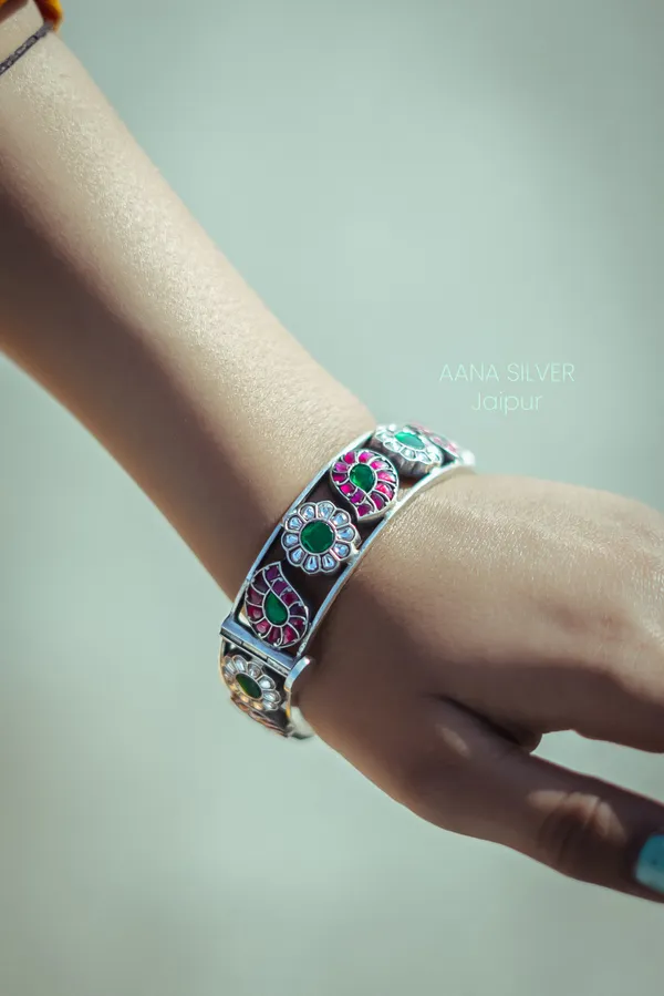 925_Pure_Sterling_Silver_|_Flower_Kundan_Bangles_|_Well_Stamped_&_Hallmarked