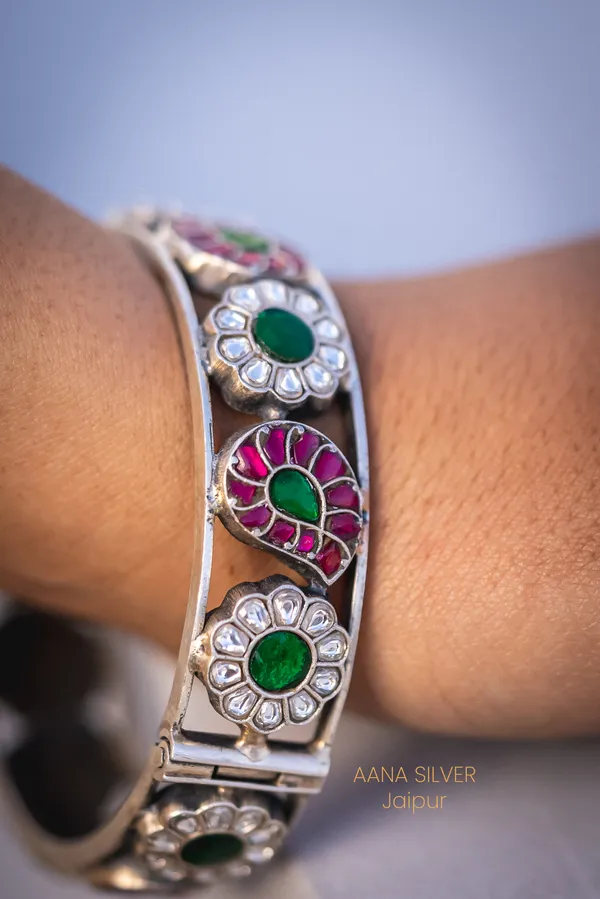 925_Pure_Sterling_Silver_|_Flower_Kundan_Bangles_|_Well_Stamped_&_Hallmarked