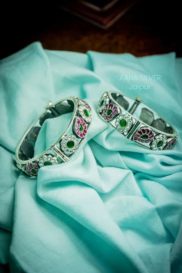 925_Pure_Sterling_Silver_|_Flower_Kundan_Bangles_|_Well_Stamped_&_Hallmarked