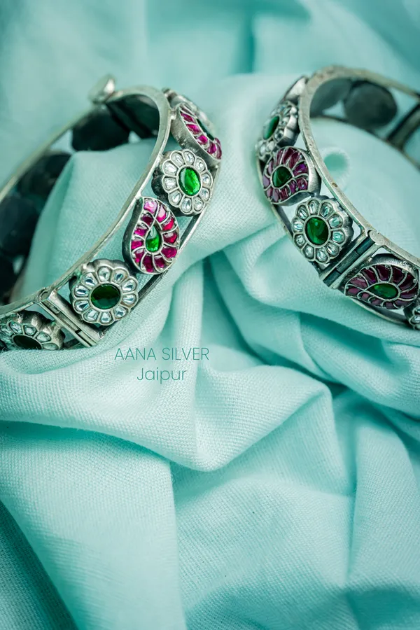 925_Pure_Sterling_Silver_|_Flower_Kundan_Bangles_|_Well_Stamped_&_Hallmarked