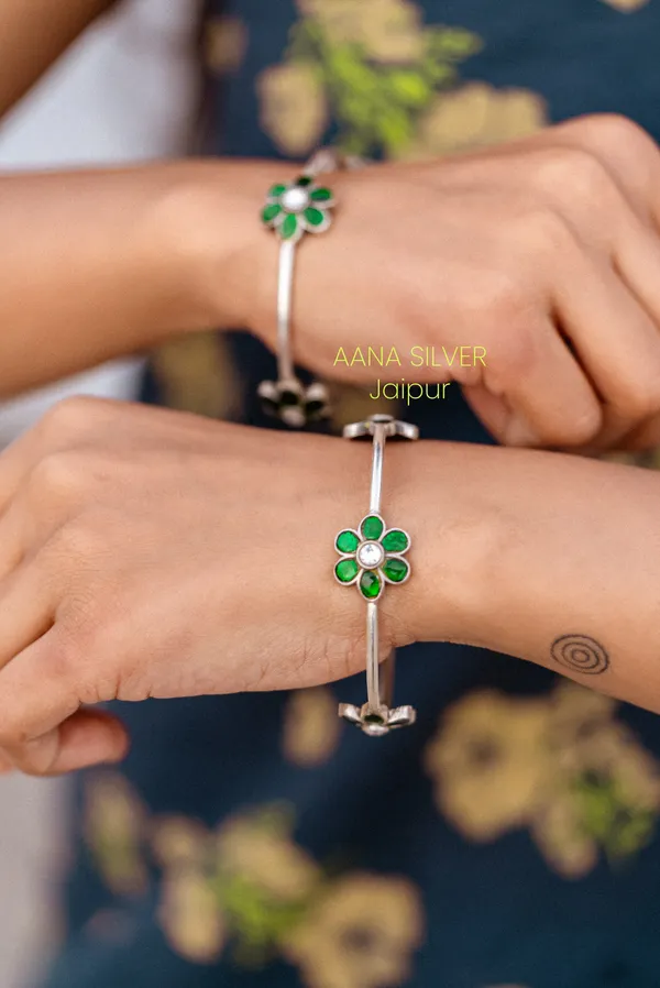 925_Pure_Sterling_Silver_|_Everyday_Green_Flower_Kundan_Bangles_|_Well_Stamped_&_Hallmarked