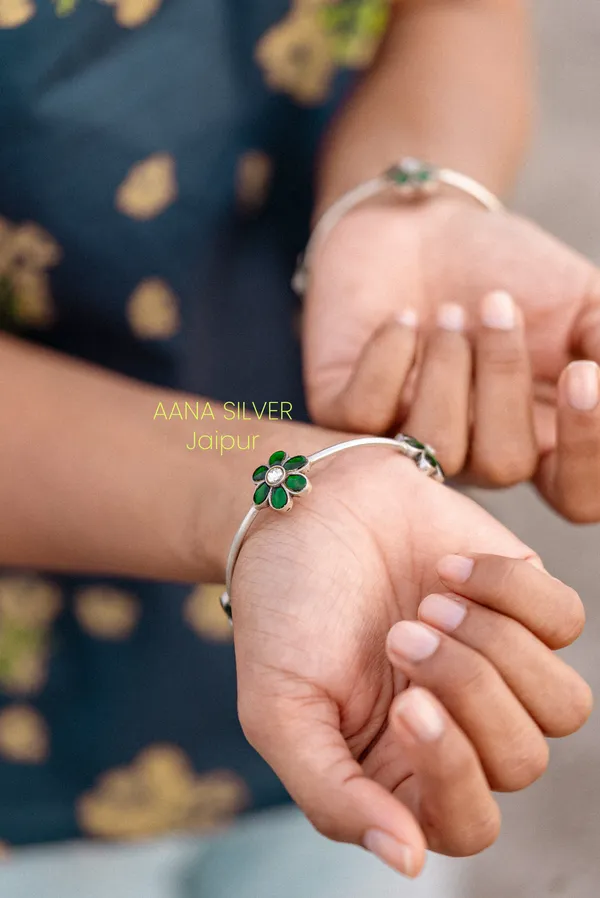 925_Pure_Sterling_Silver_|_Everyday_Green_Flower_Kundan_Bangles_|_Well_Stamped_&_Hallmarked