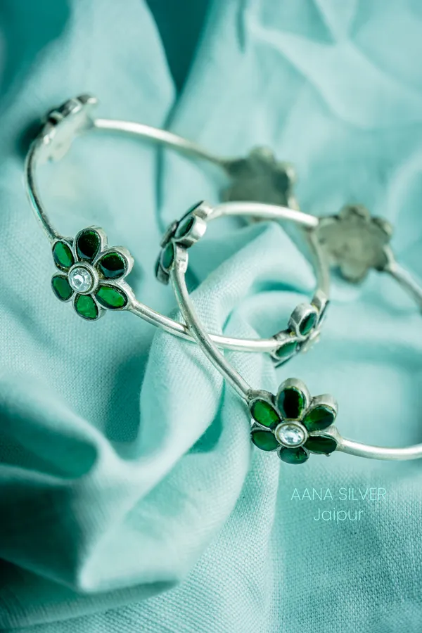 925_Pure_Sterling_Silver_|_Everyday_Green_Flower_Kundan_Bangles_|_Well_Stamped_&_Hallmarked