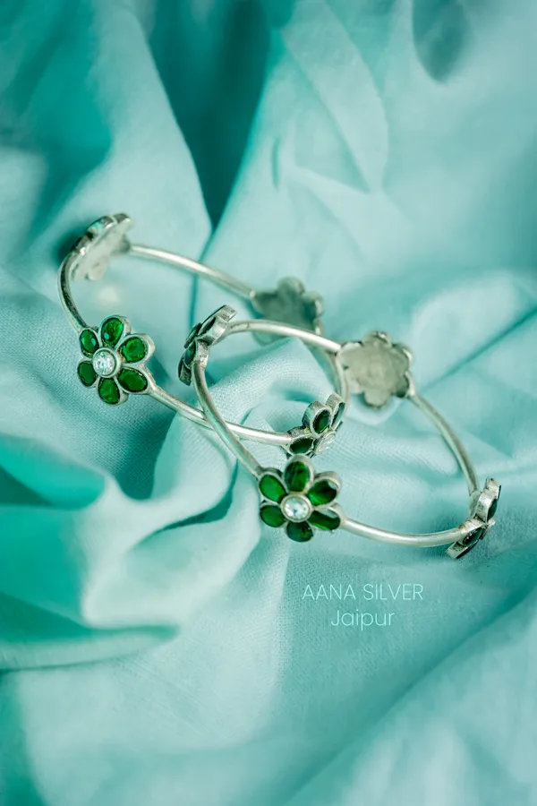925_Pure_Sterling_Silver_|_Everyday_Green_Flower_Kundan_Bangles_|_Well_Stamped_&_Hallmarked