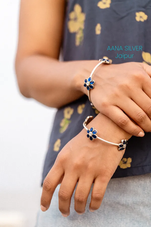925_Pure_Sterling_Silver_|_Everyday_Blue_Flower_Kundan_Bangles_|_Well_Stamped_&_Hallmarked