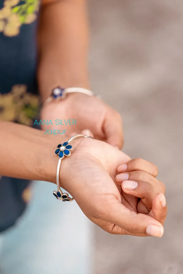 925_Pure_Sterling_Silver_|_Everyday_Blue_Flower_Kundan_Bangles_|_Well_Stamped_&_Hallmarked