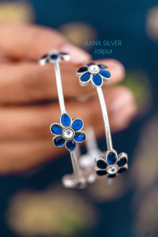 925_Pure_Sterling_Silver_|_Everyday_Blue_Flower_Kundan_Bangles_|_Well_Stamped_&_Hallmarked
