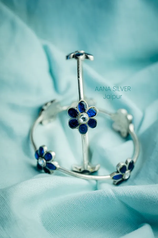 925_Pure_Sterling_Silver_|_Everyday_Blue_Flower_Kundan_Bangles_|_Well_Stamped_&_Hallmarked