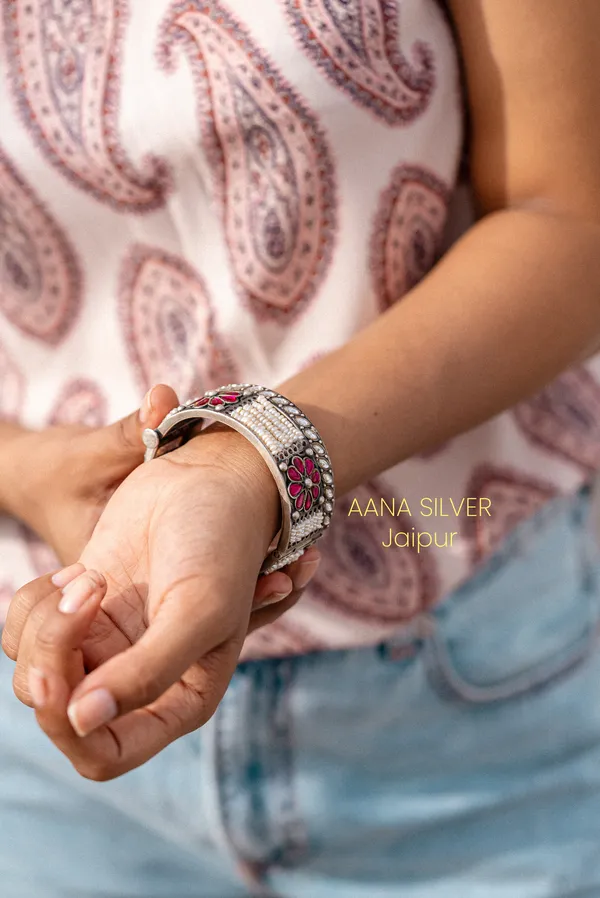 925_Pure_Sterling_Silver_|_Textured_Kundan_Bracelet_|_Well_Stamped_&_Hallmarked