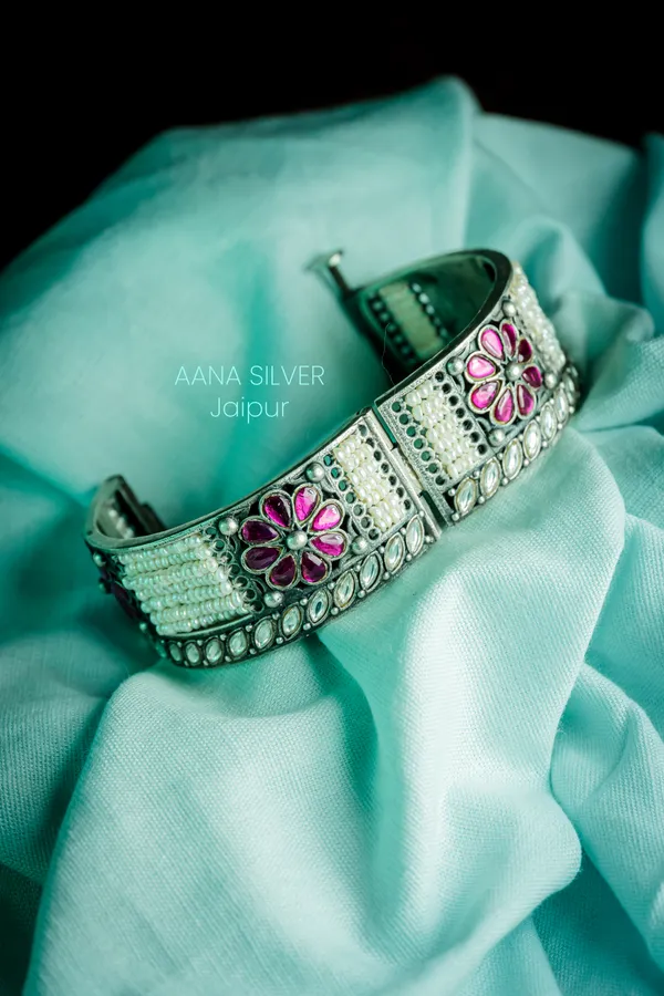 925_Pure_Sterling_Silver_|_Textured_Kundan_Bracelet_|_Well_Stamped_&_Hallmarked