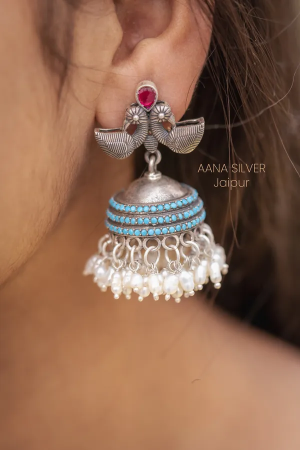 925_Pure_Sterling_Silver_|_Kundan_Peacock_Jhumka_Earrings_|_Well_Stamped_&_Hallmarked