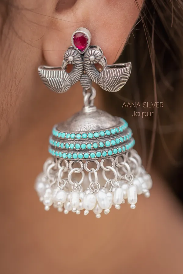 925_Pure_Sterling_Silver_|_Kundan_Peacock_Jhumka_Earrings_|_Well_Stamped_&_Hallmarked