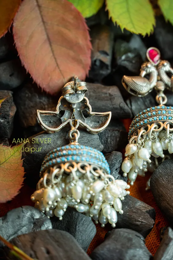 925_Pure_Sterling_Silver_|_Kundan_Peacock_Jhumka_Earrings_|_Well_Stamped_&_Hallmarked
