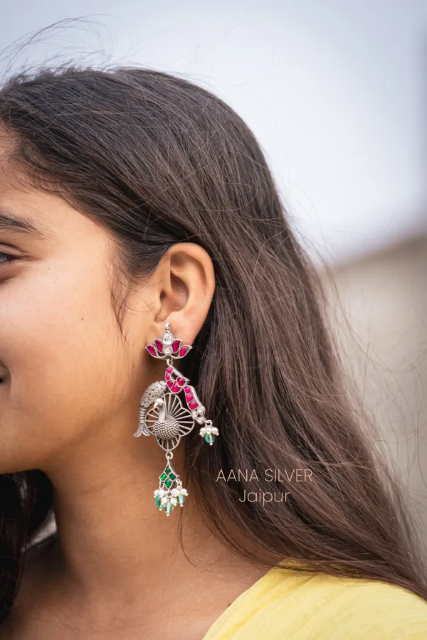 925_Pure_Sterling_Silver_|_Peacock_Fish_Kundan_Earrings_|_Well_Stamped_&_Hallmarked