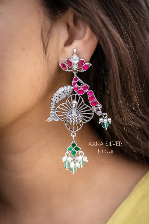925_Pure_Sterling_Silver_|_Peacock_Fish_Kundan_Earrings_|_Well_Stamped_&_Hallmarked