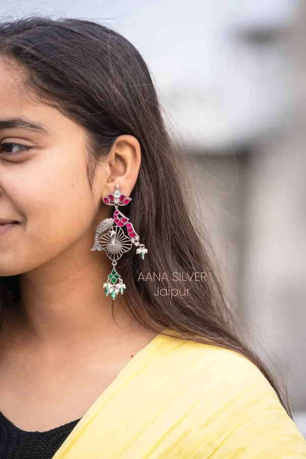 925_Pure_Sterling_Silver_|_Peacock_Fish_Kundan_Earrings_|_Well_Stamped_&_Hallmarked