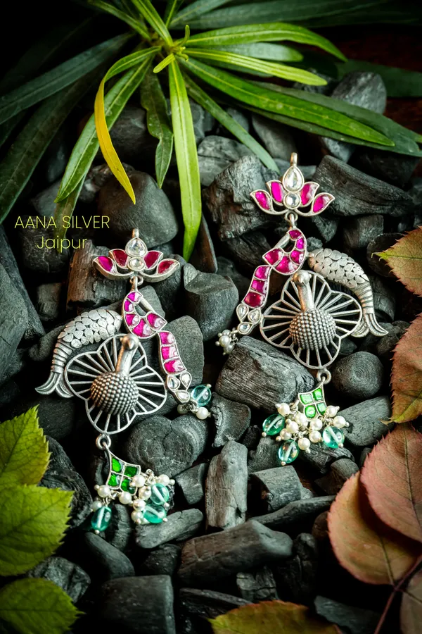 925_Pure_Sterling_Silver_|_Peacock_Fish_Kundan_Earrings_|_Well_Stamped_&_Hallmarked