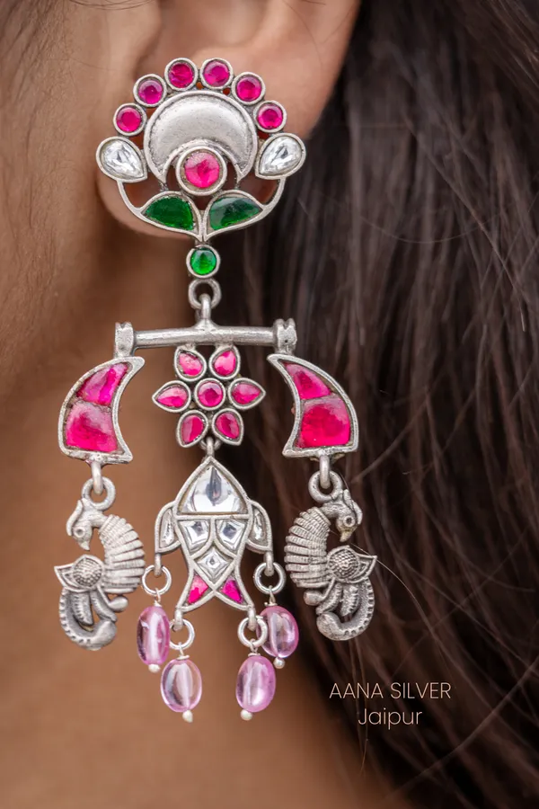925_Pure_Sterling_Silver_|_Statement_Fish_Peacock_Kundan_Earrings_|_Well_Stamped_&_Hallmarked