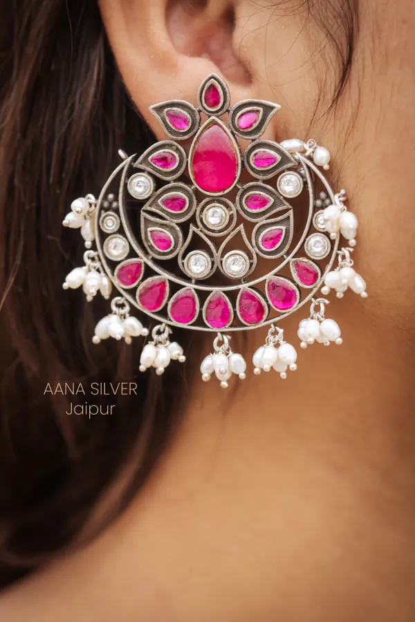 925_Pure_Sterling_Silver_|_Flower_Kundan_Earrings_|_Well_Stamped_&_Hallmarked